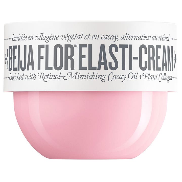 Sol de Janeiro Beija Flor Elasti-Cream opstrammende kropscreme med plantekollagen i lyserød krukke med hvidt låg