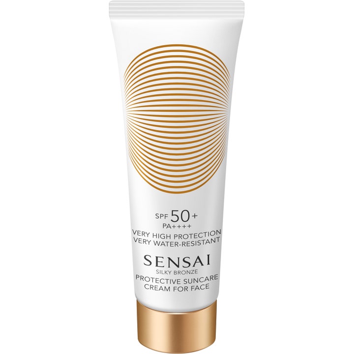 Sensai Silky Bronze Protective Suncare Cream For Face SPF 50+ ansigtscreme i hvid tube med guldlog og solmønster