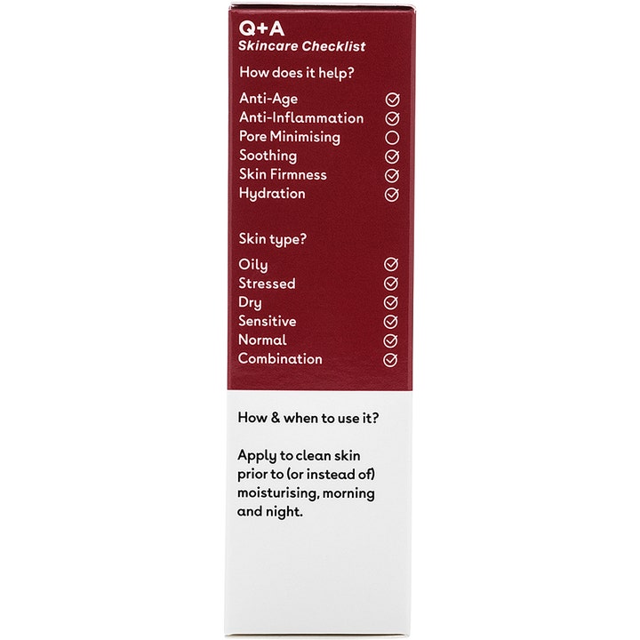 Q+A Hyaluronic Acid Facial Serum 30 ml fugtgivende serum i rød og hvid emballage med tjekliste over hudfordele