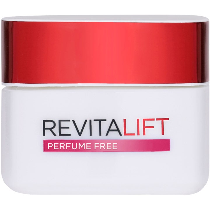 L'Oréal Paris Revitalift 50 ml parfumefri dagcreme i hvid krukke med skinnende rødt låg.