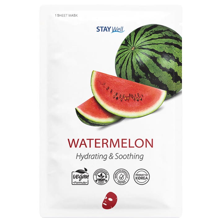 STAY Well Watermelon Hydrating & Soothing Sheet Mask 1 stk fugtgivende ansigtsmaske i hvid pose med frisk vandmelon