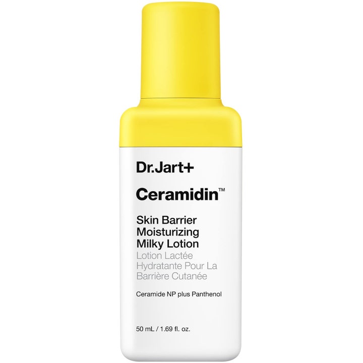 Dr. Jart+ Ceramidin Skin Barrier Moisturizing Milky Lotion 50 ml fugtgivende ansigtslotion i hvid flaske med gult låg