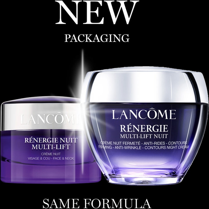 Lancôme Rénergie Nuit Multi-Lift 50 ml opstrammende nattcreme i ny lilla glasburk ved siden af gammelt design.