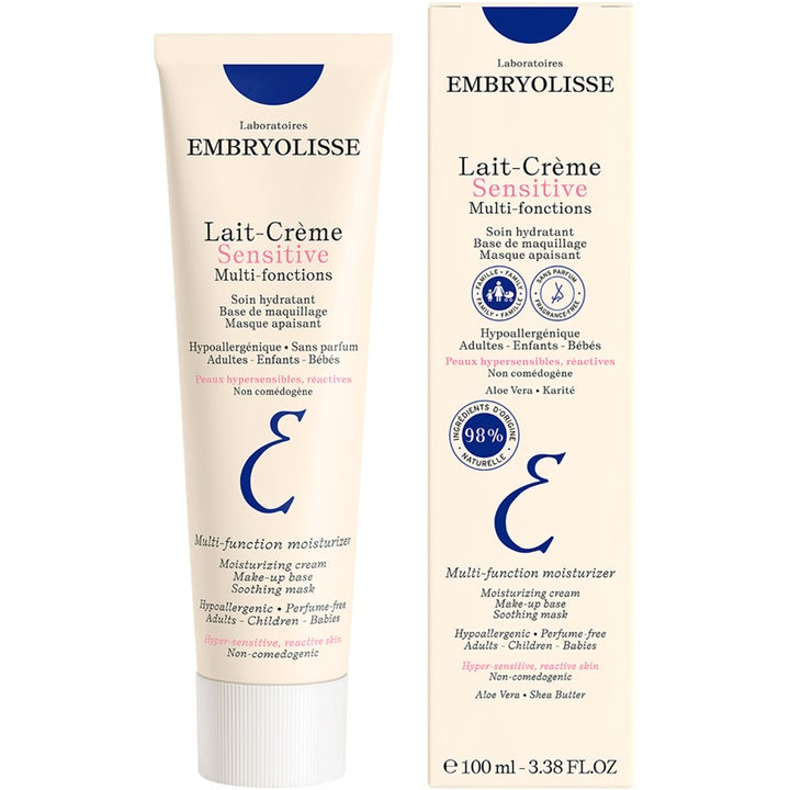 Embryolisse Lait Creme Sensitive 100 ml beroligende ansigtscreme i cremehvid tube og æske med blå detaljer.