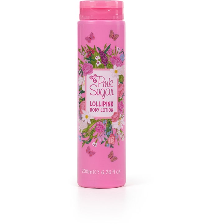 Pink Sugar Lollipink Body Lotion 200 ml fugtgivende bodylotion i lyserød flaske med blomster og sommerfugle