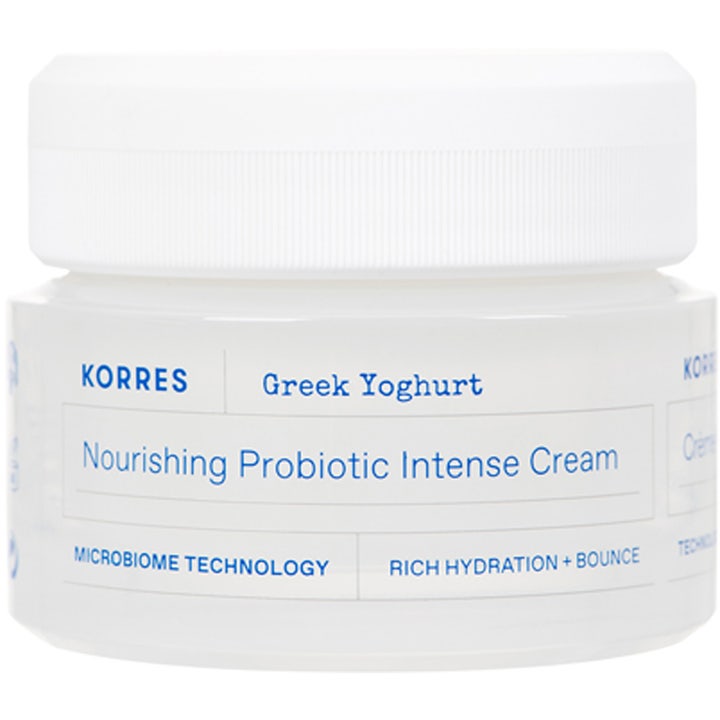 Korres Greek Yoghurt Nourishing Probiotic Intense Cream i hvid krukke der giver intens fugt og glød