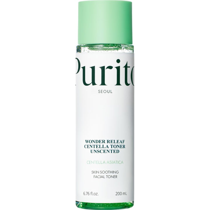 Purito Seoul Wonder Releaf Centella Toner 200 ml beroligende ansigtstoner i gennemsigtig flaske med lysegrønt låg