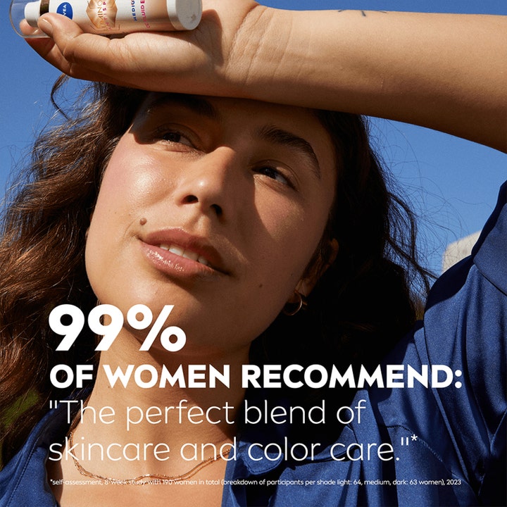 NIVEA Luminous 630 CC Fluid 40 ml ansigtsserum på en kvinde i sollys med teksten 99% recommend