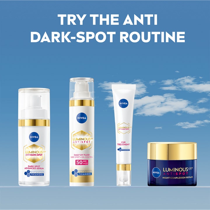 Nivea Luminous630 Anti Dark-Spot Night Cream 50 ml natcreme i blå krukke vist som del af en hudplejerutine