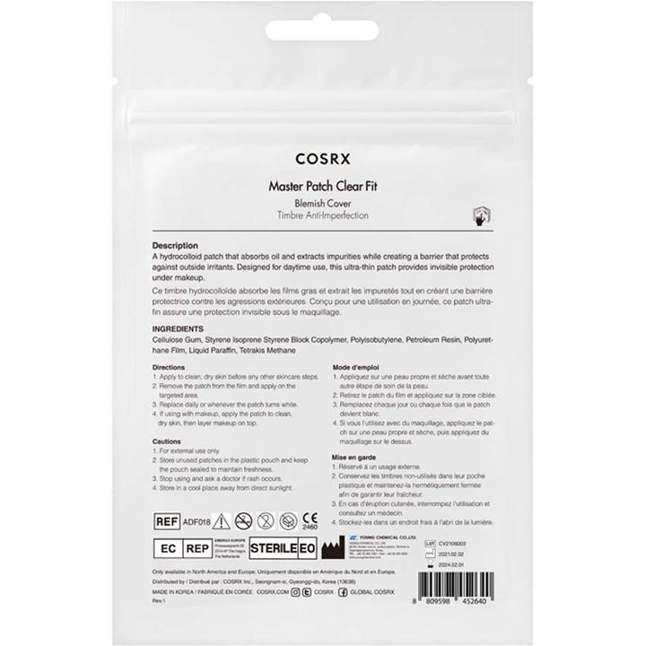 COSRX Master Patch Clear Fit 18 stk bumseplaster mod urenheder viser bagsiden af den hvide emballage med tekst