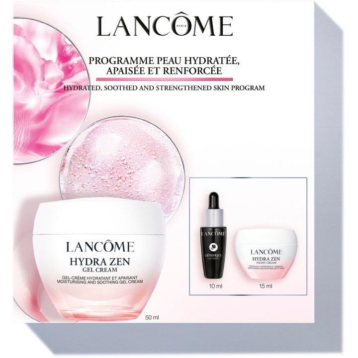 Lancôme Hydra Zen Hydrated Skin Program 50 ml fugtgivende hudplejesæt med lyserøde krukker og serum i gaveæske