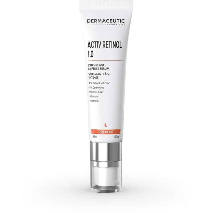 Dermaceutic Activ Retinol 1.0 30ml anti-age serum mod rynker i hvid tube med sølvpumpe og klar hætte