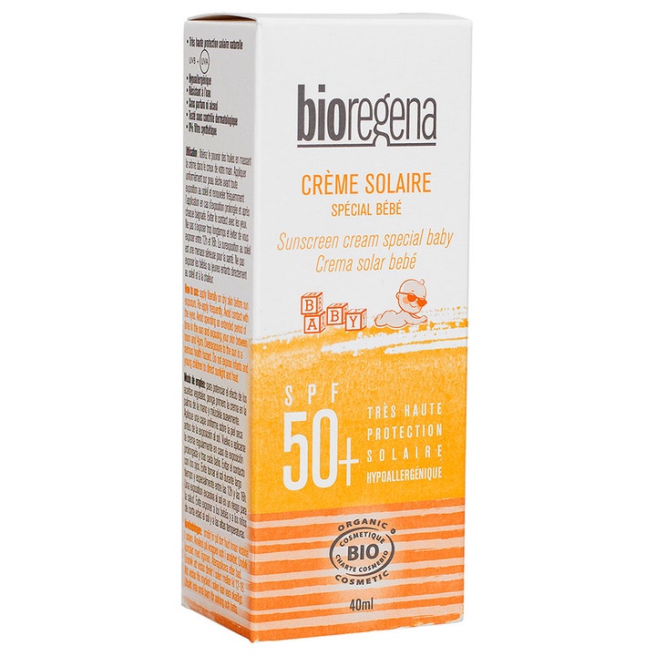 Bioregena Sunscreen Cream Baby 40 ml solbeskyttelse i hvid kartonæske med orange detaljer og tydelig SPF 50+ tekst.