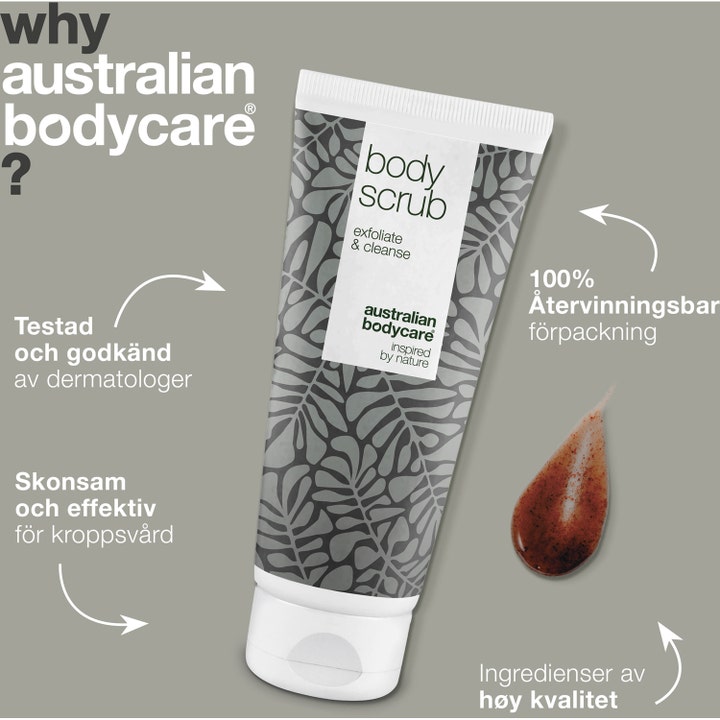 Australian Bodycare Body Scrub 200 ml dybderensende kropspleje i hvid tube med bladprint og brun geltekstur.