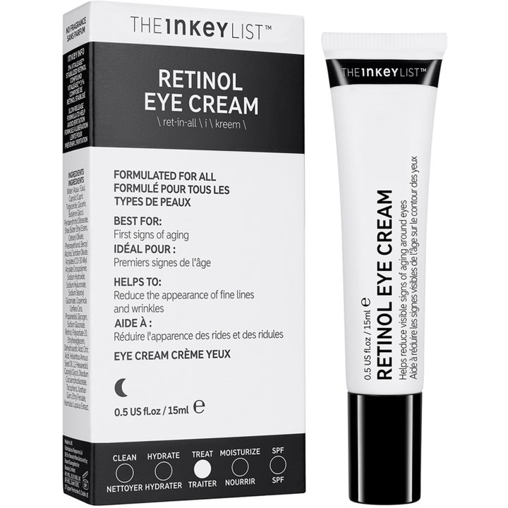 The INKEY List Retinol Eye Cream 15 ml øjencreme mod fine linjer i hvid tube og æske med sort tekst