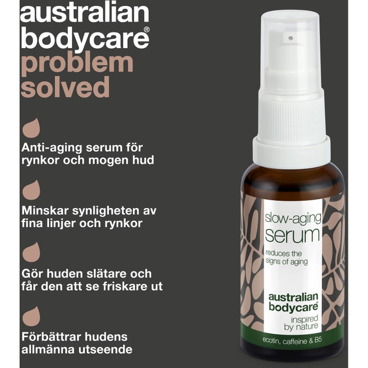 Australian Bodycare Slow Anti-Age Serum 30 ml mod rynker i brun glasflaske med hvid pumpe og tekst om fordele