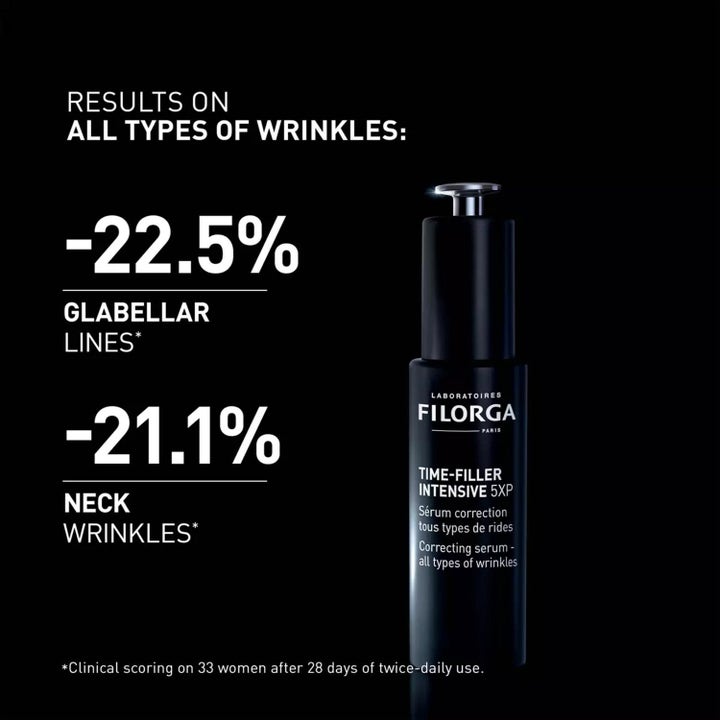 Filorga Anti-Wrinkle Night Time Set serum mod rynker i sort flaske med tekst om kliniske resultater
