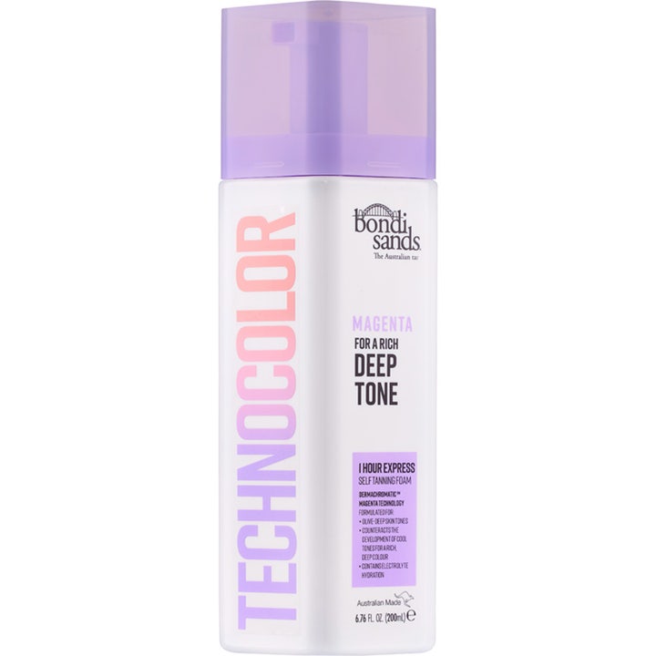 Bondi Sands Technocolor Magenta 200 ml selvbruner skum til en dyb tone i hvid flaske med lilla pumpelåg