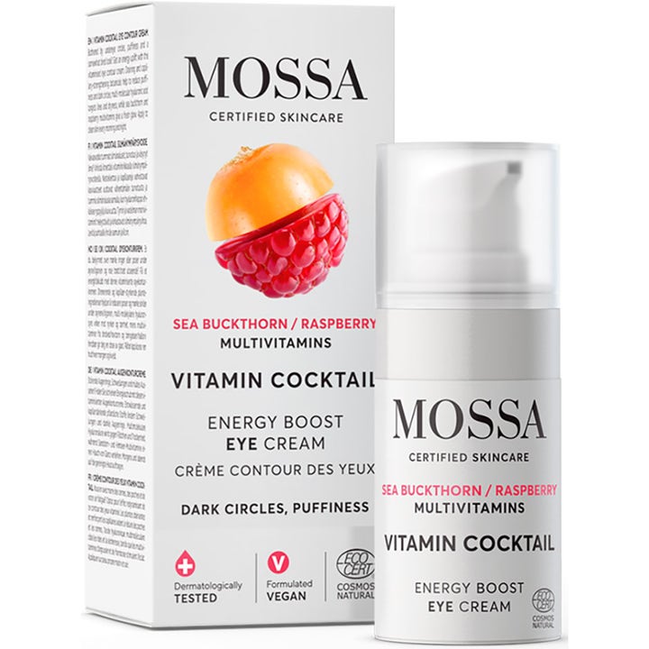Mossa Vitamin Cocktail Energy Boost Eye Cream 15 ml mod mørke rande i hvid pumpeflaske og æske.