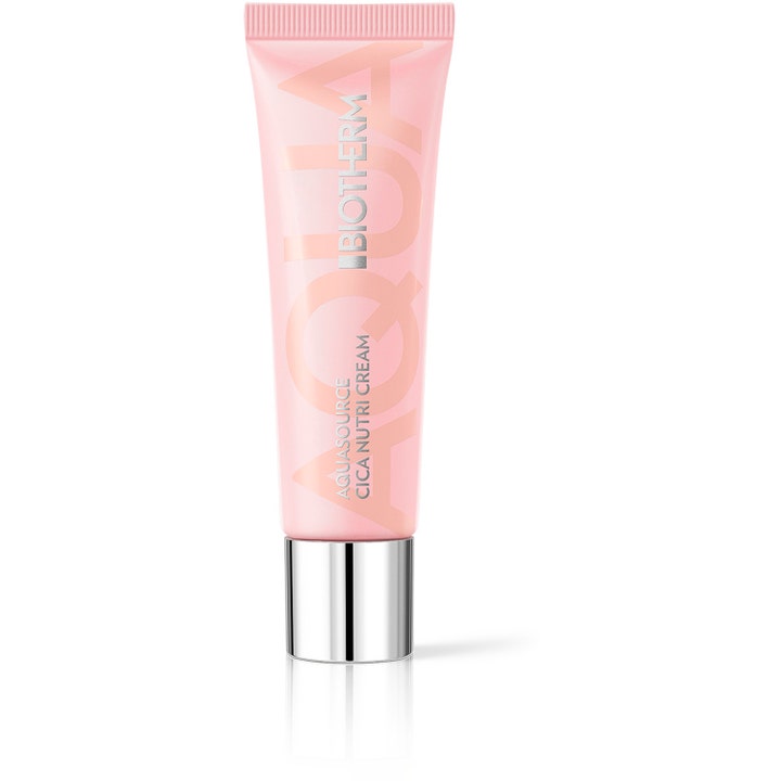 Biotherm Aquasource Cica Nutri Cream nærende ansigtscreme i en lyserød tube med et blankt sølvlåg.