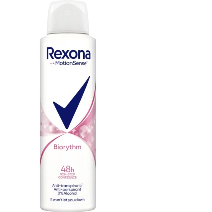 Rexona Biorythm 48h anti-perspirant spray mod sved i hvid beholder med blåt flueben og lyserøde detaljer.