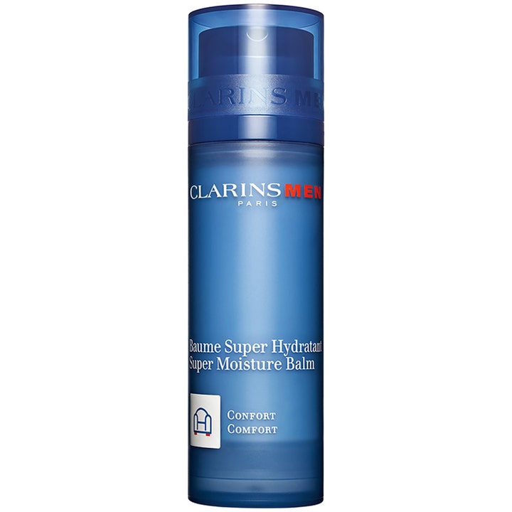 ClarinsMen Super Moisture Balm fugtgivende ansigtscreme i en blå cylinderformet pumpeflaske med gennemsigtigt blåt låg