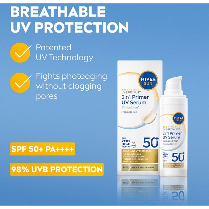 NIVEA Sun UV Face 2in1 Daily Serum 30 ml solcreme giver åndbar beskyttelse med SPF 50+ og modvirker fotoældning.