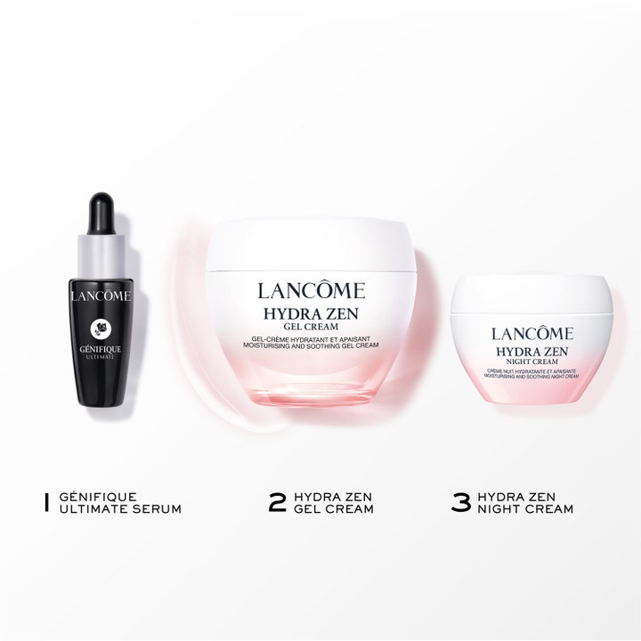 Lancôme Hydra Zen Routine Set 1 stk fugtgivende hudpleje med sort serumflaske og to lyserøde cremekrukker.