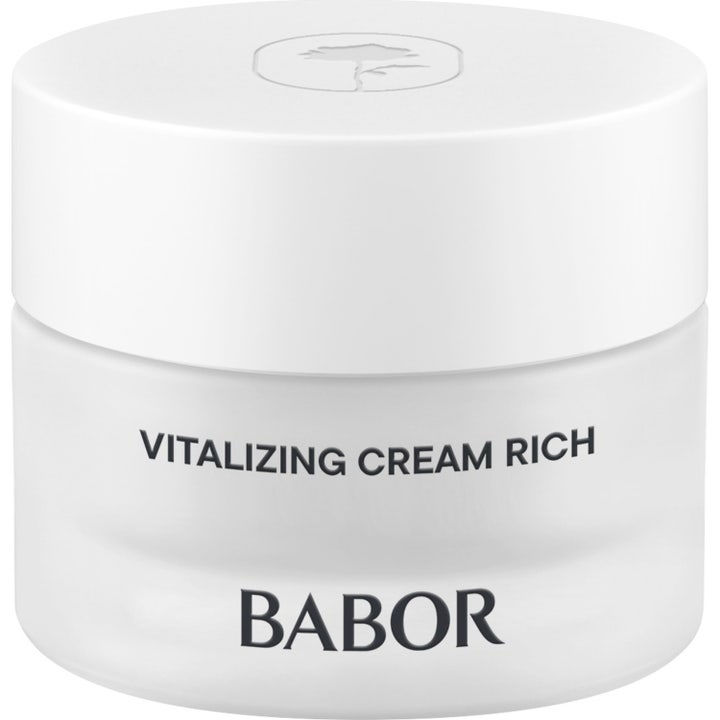 Babor Skinovage Vitalizing Cream Rich vitaliserende ansigtscreme i en frostet glaskrukke med et hvidt låg.