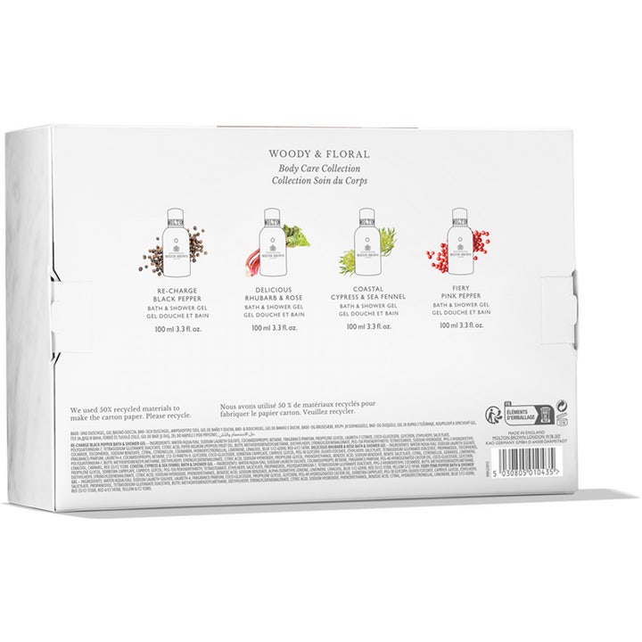 Molton Brown Body Quad 400 ml hudplejesæt viser hvid æske bagfra med ingredienslister og fire shower gel varianter.