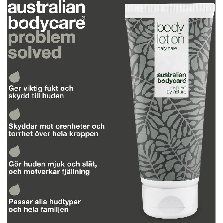 Australian Bodycare Body Lotion 200 ml mod uren hud i hvid tube med gråt bladmønster og plejende tekst.