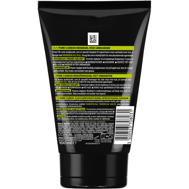 L'Oréal Paris Pure Charcoal Wash 100 ml rensegel mod urenheder i sort tube viser bagsiden med tekst og ingredienser.