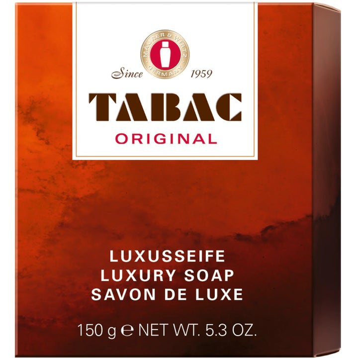 Tabac Original 150 g velduftende luksussæbe i rødbrun æske med marmoreret mønster og hvidt klassisk logo