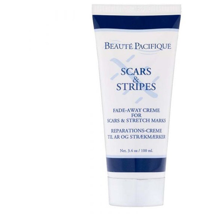 Beauté Pacifique Scars & Stripes 100 ml reparationscreme mod ar og strækmærker i hvid tube med blå detaljer