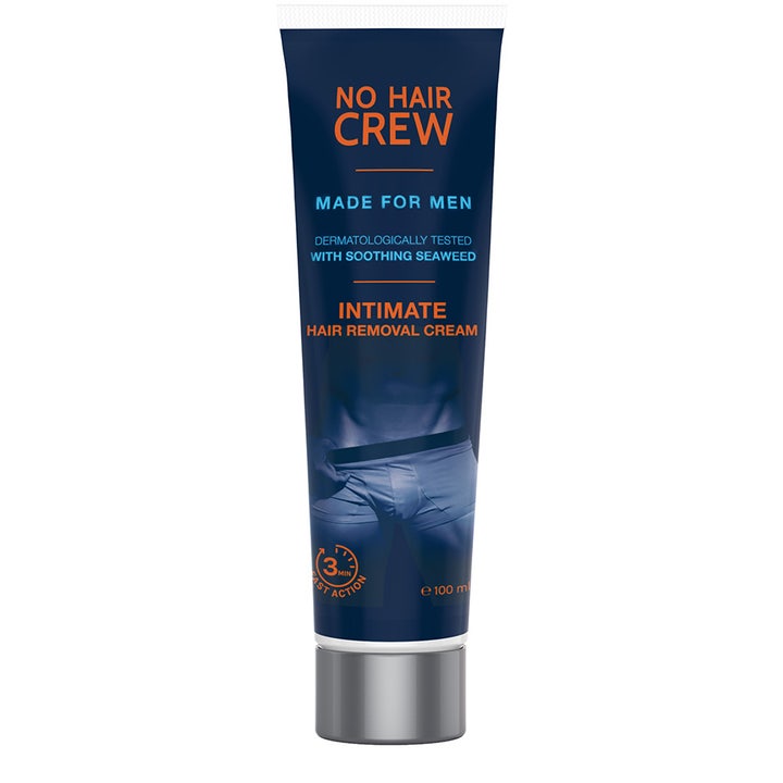 No Hair Crew Intimate Hair Removal Cream 100 ml skånsom hårfjerning til mænd i mørkeblå tube med sølvlåg og mandetorso.