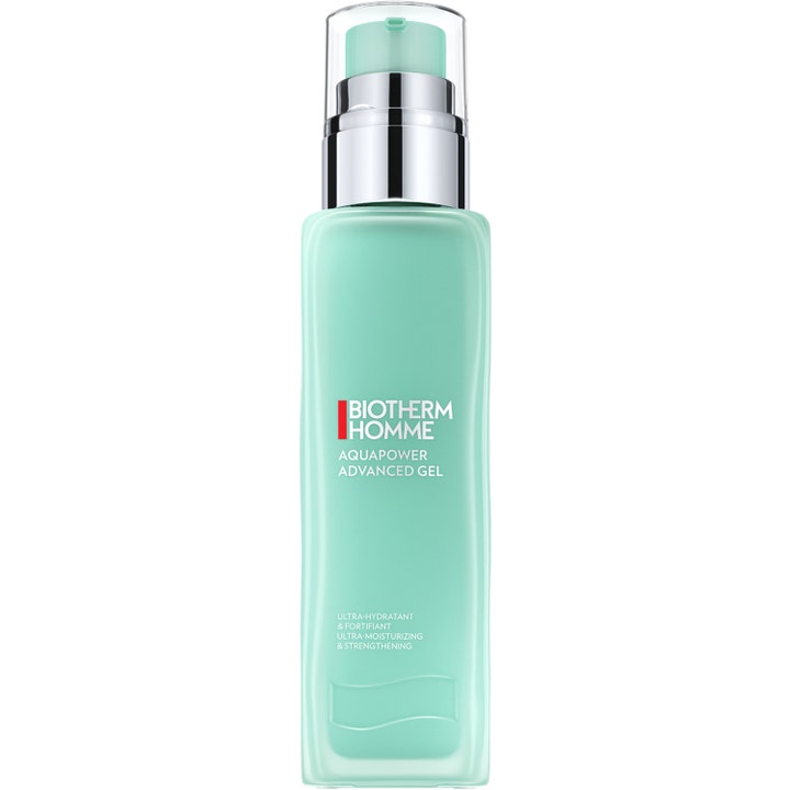 Biotherm Homme Aquapower Advanced Gel fugtgivende ansigtsgel i mintgrøn flaske med sølvpumpe og gennemsigtig hætte