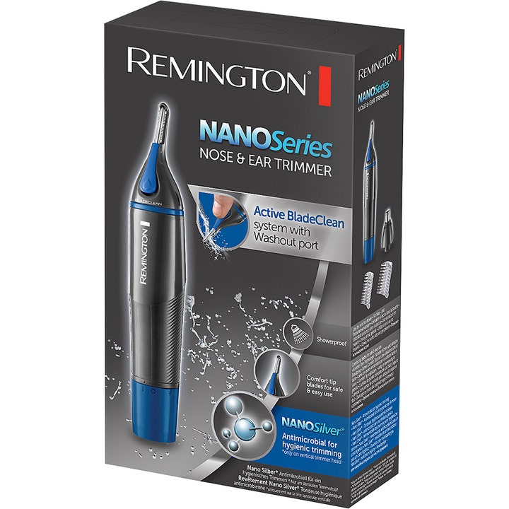 Remington Nose & Ear Trimmer NE3850 E51 1 stk næsehårstrimmer fjerner uønsket hår i sort og blå æske med BladeClean