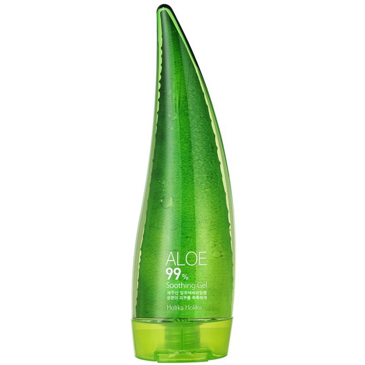 Holika Holika Aloe 99% Soothing Gel 250 ml beroligende kropsgel i en grøn flaske formet som et aloe vera-blad