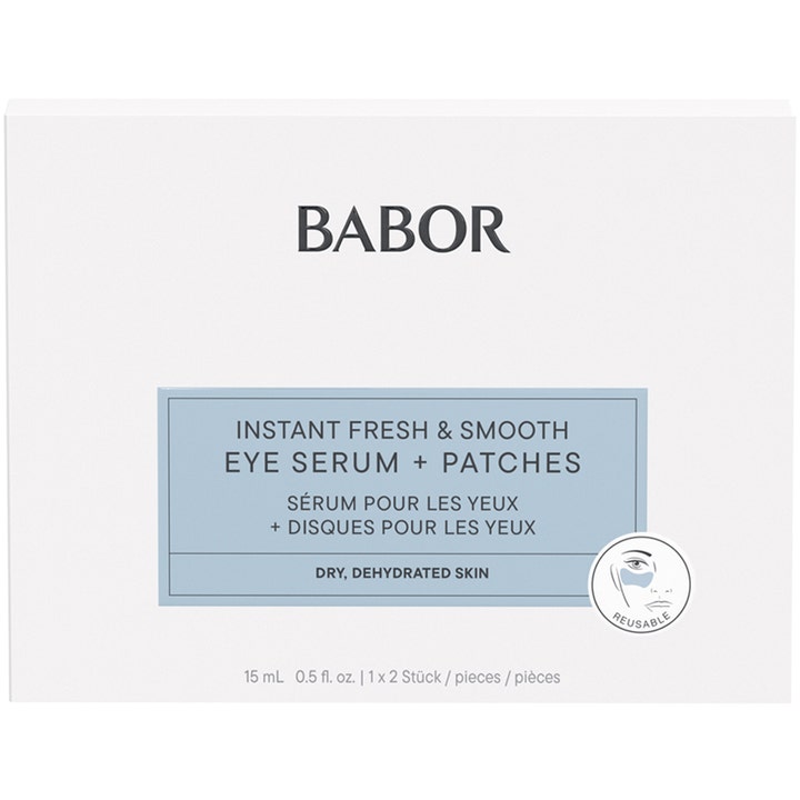 Babor Instant Fresh & Smooth Eye Serum + Patches 30 ml øjenserum til tør hud i hvid æske med lyseblåt mærkat.