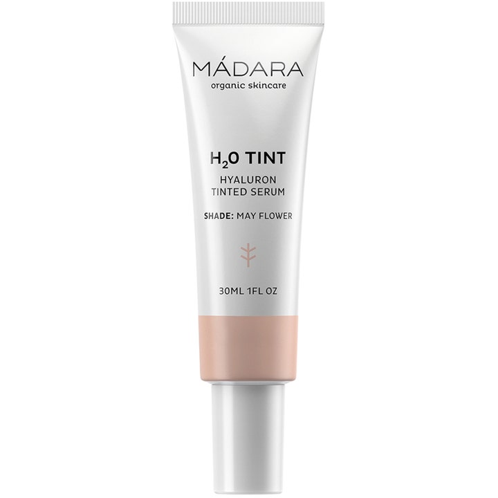 Mádara H2O Tint 30 ml fugtgivende ansigtsserum i hvid tube med hyaluronsyre og en lys beige nuance