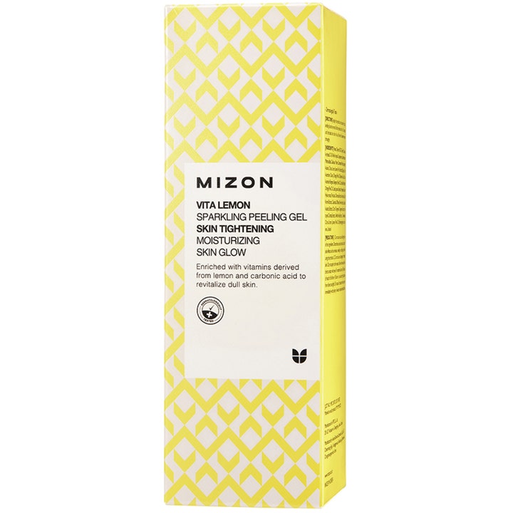 Mizon Vita Lemon Sparkling Peeling Gel 145 g fugtgivende peeling gel i gul og hvid mønstret emballage giver glød.