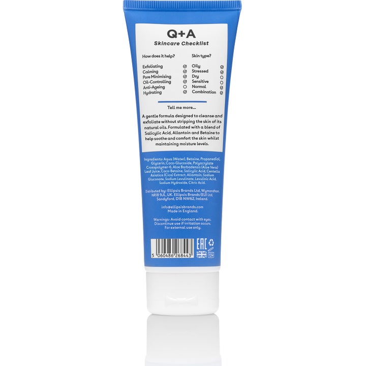 Q+A Salicylic Acid Cleanser 125 ml eksfolierende rengøringsgel bagside af blå tube med ingrediensliste og checkliste