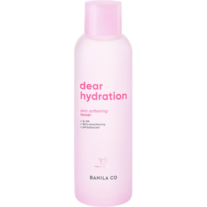 Banila Co Dear Hydration Skin Softening Toner 200 ml fugtgivende toner i en lyserød frostet plastflaske.