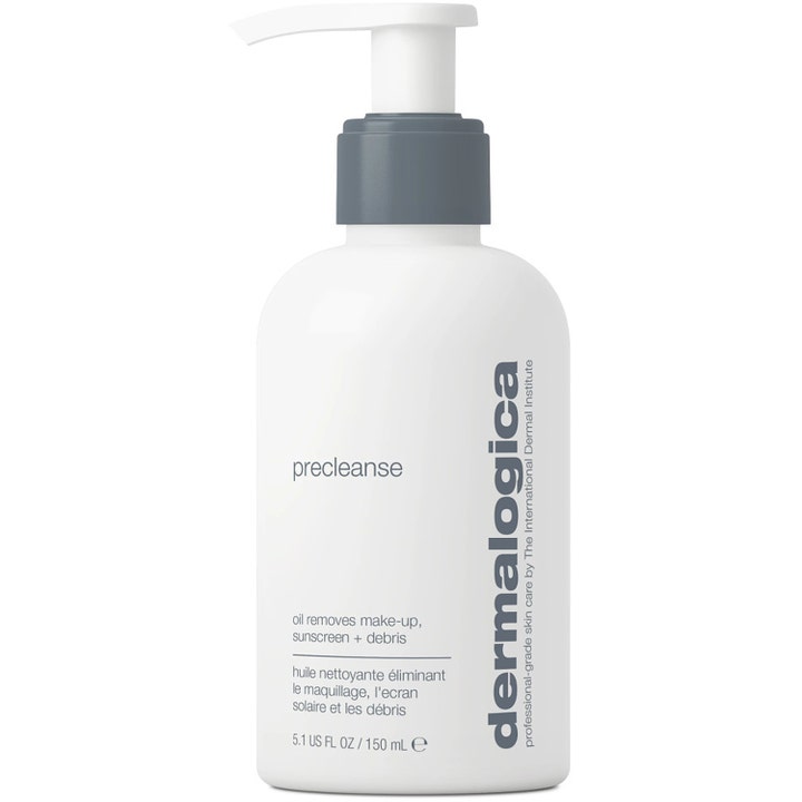 Dermalogica Precleanse 150 ml renseolie fjerner makeup og snavs i en hvid plastflaske med praktisk grå pumpe