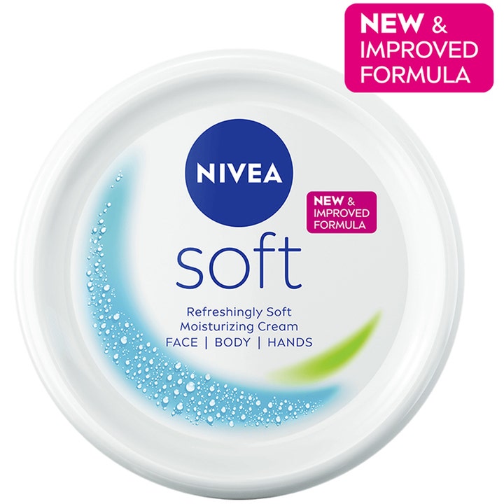 NIVEA Soft 200 ml fugtgivende creme i hvid krukke med teksten New & Improved Formula