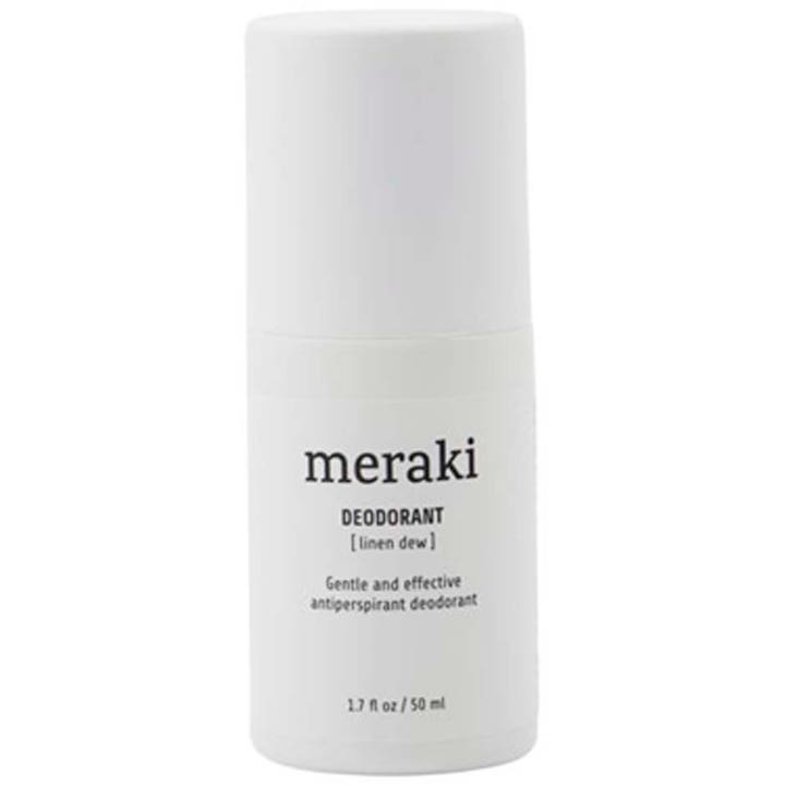 Meraki Linen Dew Deodorant 50 ml effektiv antiperspirant i en hvid cylinderformet beholder med minimalistisk sort tekst.