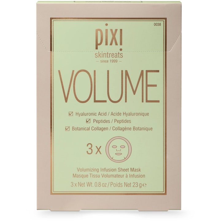 Pixi Volume Sheet Mask 3-pak volumengivende ansigtsmaske med peptider i beige og lysegrøn papæske