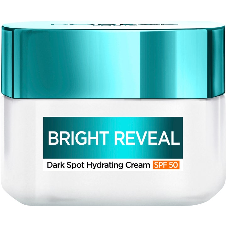 L'Oreal Paris Bright Reveal Dark Spot Hydrating Cream SPF 50 fugtcreme mod mørke pletter i hvid krukke med turkis låg