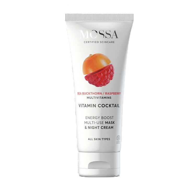 Mossa Vitamin Cocktail Energy Boost 60 ml ansigtsmaske og natcreme i hvid tube med bærillustration
