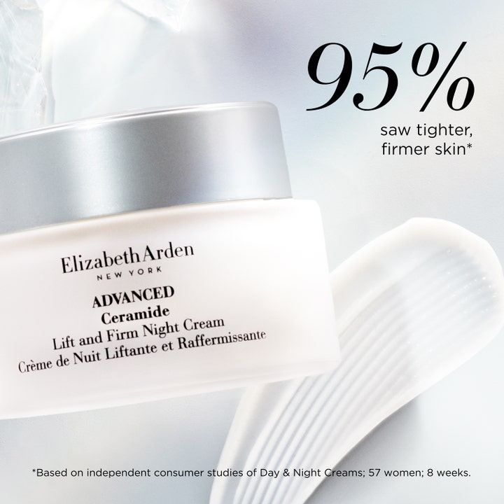 Elizabeth Arden Ceramide Lift & Firm Advanced Night Cream 50 ml opstrammende natcreme i hvid krukke med tekstur og 95% fastere hud.